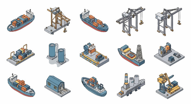 Collection of isometric industrial and shipping icons including container ships, cranes, and offshore platforms.