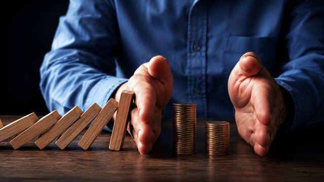 A person protects a stack of coins with hands, while wooden blocks tip over, symbolizing financial stability and risk management.