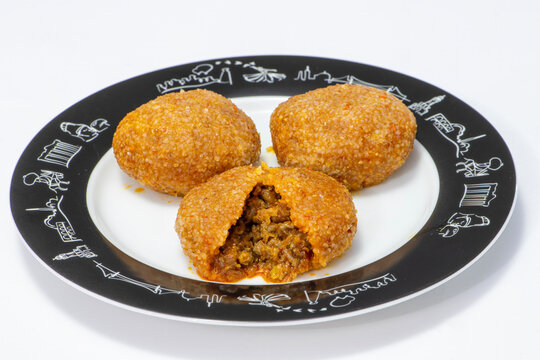 Stuffed meatballs (İ&ccedil;li K&ouml;fte), an indispensable part of Anatolian cuisine, photo shoot against a white background.