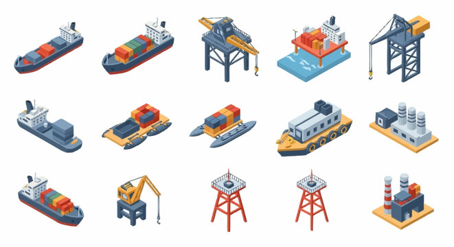 Collection of isometric industrial and marine vessels, oil rigs, and cranes on a white background.