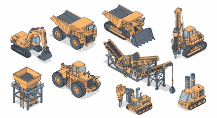 Collection of isometric construction and mining heavy machinery and equipment, isolated on white background. © Bunga