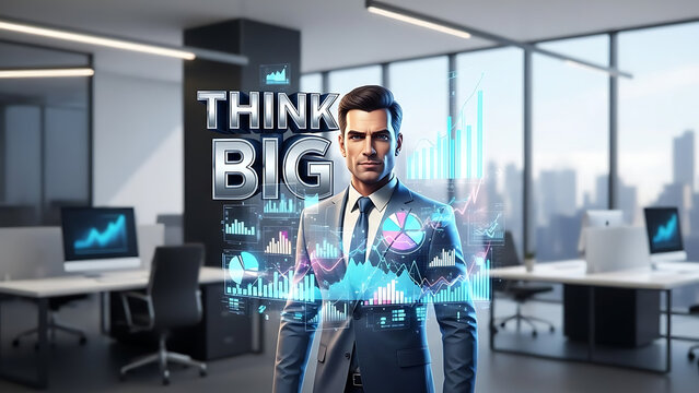 Businessman standing in office with think big holographic text isolated on a transparent background