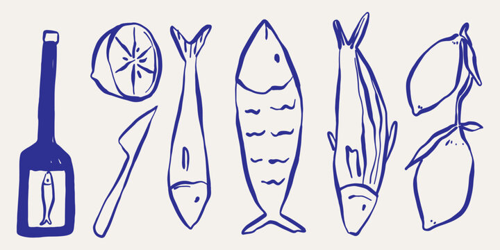 Fish based food ingredients set Doodle Sketch Vector ink style.