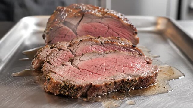 Juicy prime rib steak slices resting on a tray showcasing perfect medium rare doneness with seasoning and marbling details