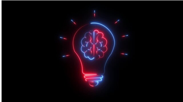 glowing neon digital bulb creativity innovation through of brain icon inside light form. Neon brain bulb icon representing idea innovation and creative thought on black background.