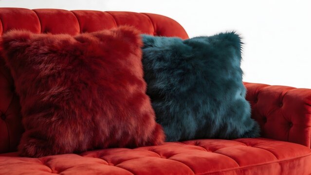 Red sofa with fur pillows