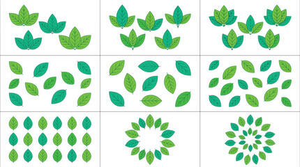Fototapeta premium Comprehensive Vector Collection of Green and Teal Leaf Icons Botanical Illustrations Patterns and Circular Wreaths for Design Projects