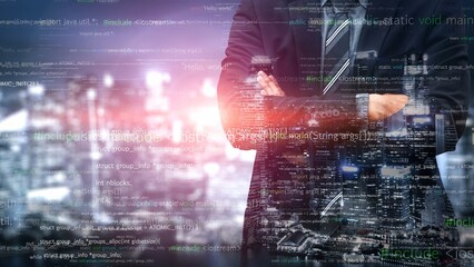 A professional businessman stands confidently against a dynamic urban skyline, overlaid with flowing code, symbolizing technology integration and innovation in business. Xenic © InfiniteFlow
