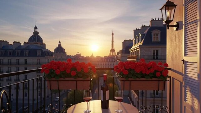 Sunset on Parisian Balcony with Wine and Flowers