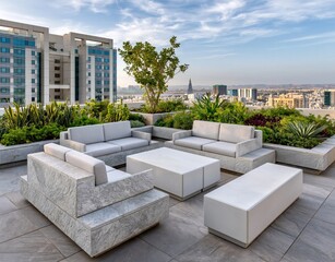 Fototapeta premium Modern Luxury Rooftop Terrace with Elegant Outdoor Furniture and Cityscape View