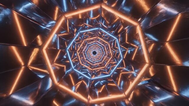 Abstract Neon Octagonal Tunnel with Blue and Orange Lights.