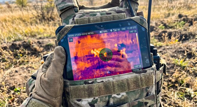 Soldier holding a rugged tactical tablet with thermal imaging camera view and target crosshair on a battlefield