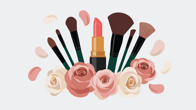 A single lipstick tube stands centrally among several makeup brushes and blooming rose flowers on a muted light grey backdrop within a soft studio lighting environment.