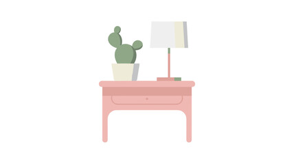 Fototapeta premium Close up of a single pink nightstand featuring a glowing lamp and a decorative potted cactus plant illustrated on a clean and bright white background.