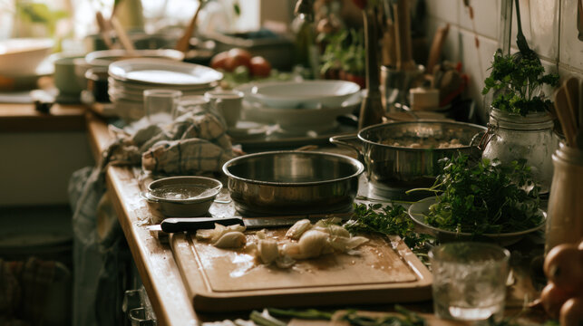 Chopped vegetables sit on a cutting board in a cluttered kitchen. Containers, dishes, and fresh herbs surround the workspace while natural light enters through a window