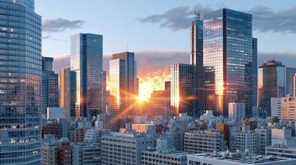 Obraz premium Modern city skyline at sunrise with sunburst, skyscrapers, and urban landscape
