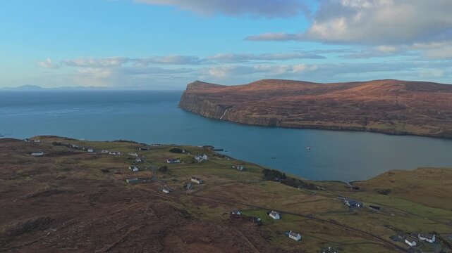 Scenic aerial view of isle of skye coastline and neist point