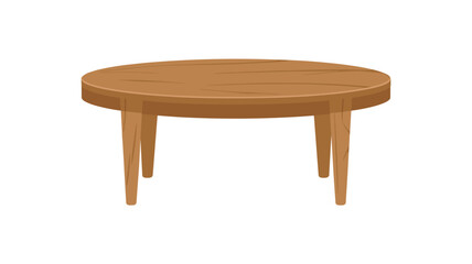 Fototapeta premium A circular brown wooden table with robust, thicker legs stands isolated in a neutral, brightly lit space that emphasizes the natural wood texture and smooth finish.