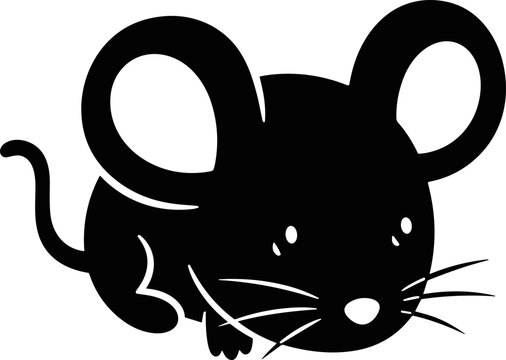 Cute black mouse silhouette with large ears and whiskers, cartoon style, isolated on white background