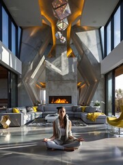 Fototapeta premium Modern Luxury Living Room with Geometric Architectural Features and Woman Meditating