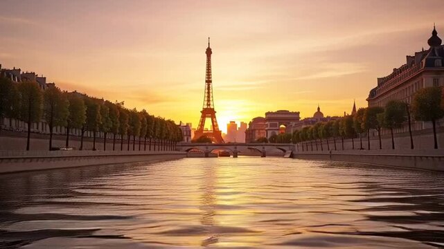 Sunset over Eiffel Tower reflected in Seine River