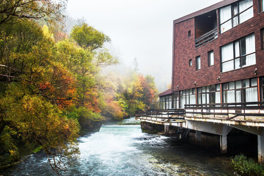 An old abandoned and ruined hotel from the communist era next to the Basta&scaron;ica River near Drvar in Bosnia and Herzegovina