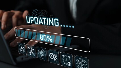 Obraz premium Businessman Hands On Laptop Displaying Progress Bar And Icons Representing Technology Updates Digital Interface Modern Workspace Concept Sigmoid