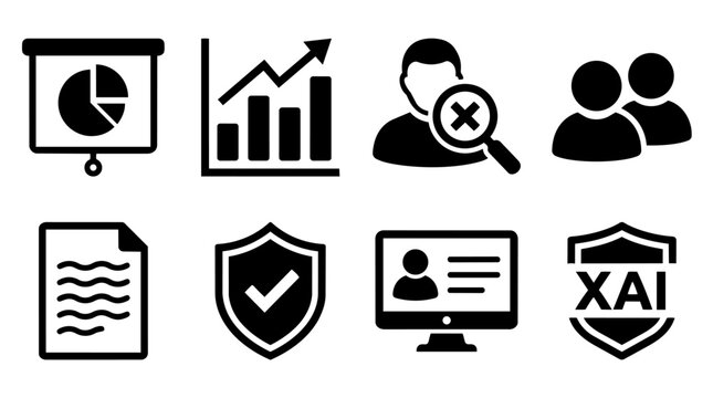 Business icons including graphs, people, documents, and security symbols