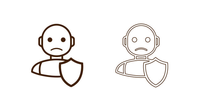 Brown and black line art illustrations of two sad robots with shields on white background