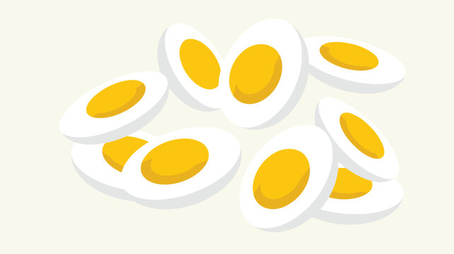 Multiple hard boiled egg halves showing cross sections with vibrant yellow yolks and bright white edges arranged in a cluster on a plain light cream background.