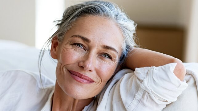 Elegant mature woman with silver hair smiling confidently, representing wisdom and inner peace in a soft light setting.