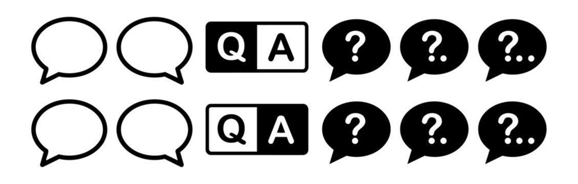 Speech bubbles with question marks and text boxes for dialogue and questions