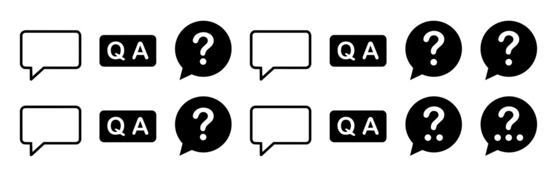Various speech bubbles and question marks in black on white