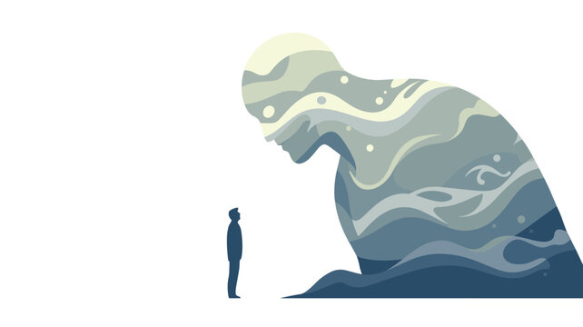 A small dark silhouette of a person stands in front of a giant towering elemental entity composed of swirling blue water patterns against a white void.
