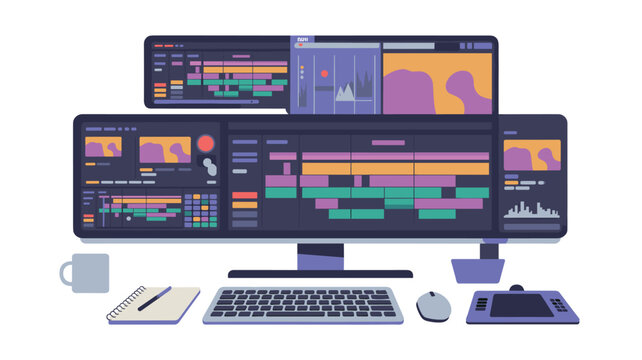 A multi-monitor computer setup displays complex video editing timelines with organized color-coded clips, featuring a notepad and mug on a minimalist desk surface.