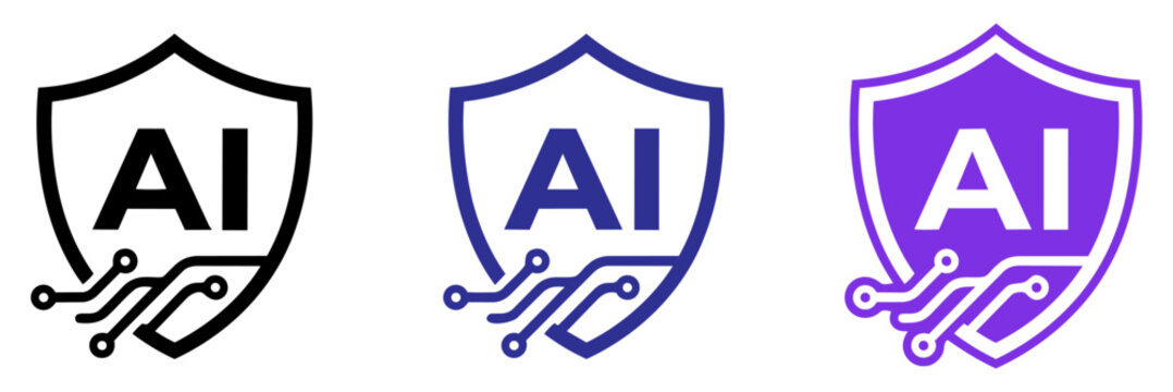 AI shield logos with circuit board elements in black, blue, and purple
