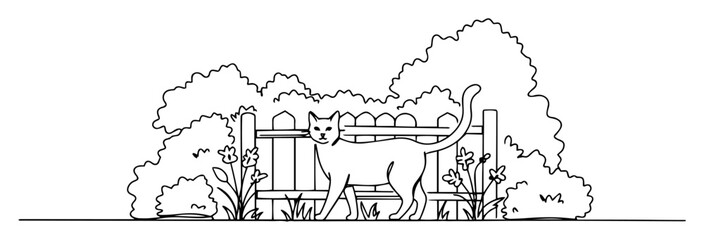 cat near garden bench simple minimalist drawing with one thin line © Wieslaw
