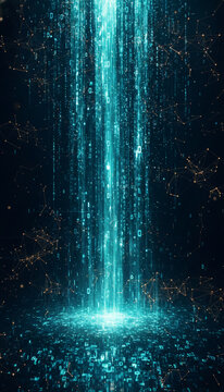 Digital stream of blue binary code and glowing network connections, symbolizing data flow, technology, and interconnectedness, ideal for tech concepts.