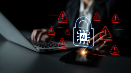 A modern representation of AI security threats featuring a glowing padlock, warning signs, and a user interacting with technology, emphasizing the importance of digital safety and vigilance. Cyphers