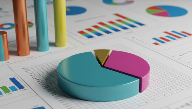 Colorful 3D bar and pie charts on paper, symbolizing data analysis, business growth, and financial success in a clear and concise visual.