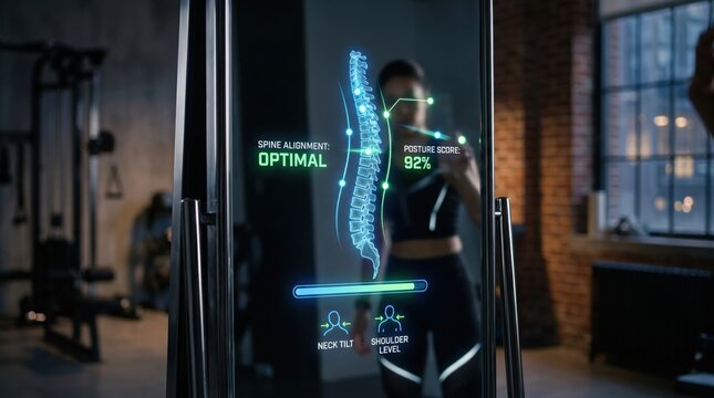 Woman standing in front of smart mirror analyzing spine alignment and posture score