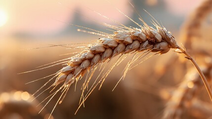 Obraz premium Close up of a ripe wheat stalk in a golden field at sunrise, showcasing its texture and natural beauty