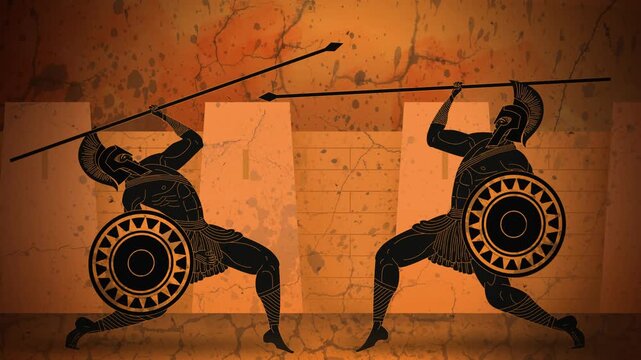 hector and achilles dueling before the walls of troy in greek amphora style