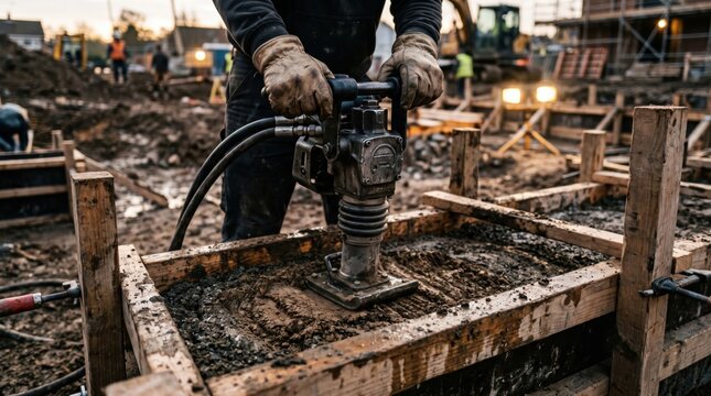 Construction worker using heavy vibrating rammer compactor on soil at building site
