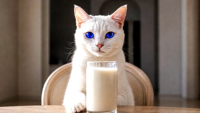 White Cat with Electric Blue Eyes and Milk