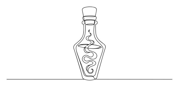 tall potion flask with spiral sketch of a thin one line in the style of a black vector on a white background