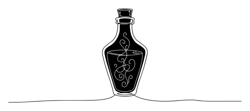 magic potion bottle swirl sketch of a thin one line in the style of a black vector on a white background