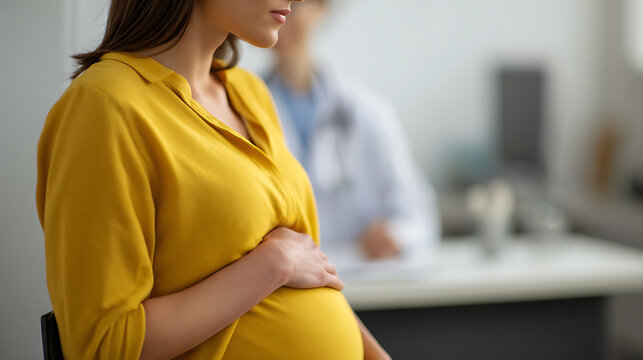Expectant mother in a vibrant yellow blouse cradles her baby bump during a health check-up, with a medical professional blurred in the background, conveying prenatal care and maternal anticipation