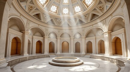 Fototapeta premium Classical Roman Architecture Interior with Circular Dome and Arched Colonnade in Marble Stone