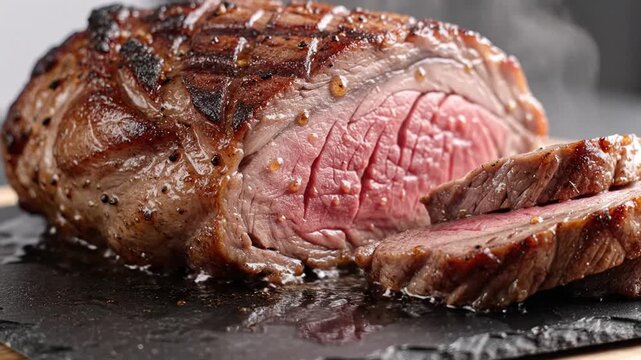 Close-up of perfectly cooked medium-rare beef steak slices showcasing juicy tenderness and grill marks